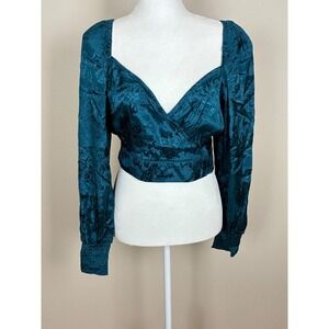 Band of the Free Teal Floral Jacquard Wrap Crop Top Long Sleeve Smocked Cuffs M